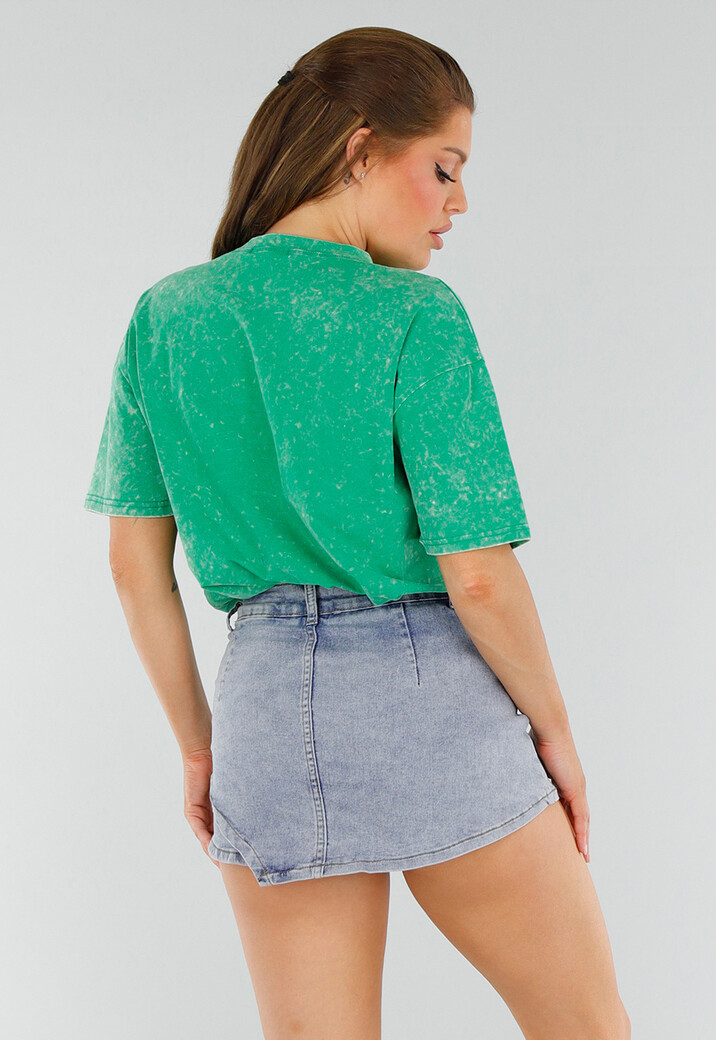 Groen Oversized T-Shirt met Neon Print en Acid Wash Print