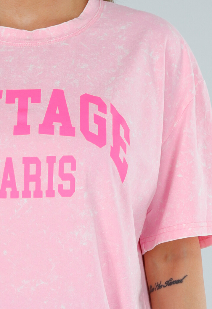 Lichtroze Stretch T-Shirt met Neon Roze Print en Oversized Fit