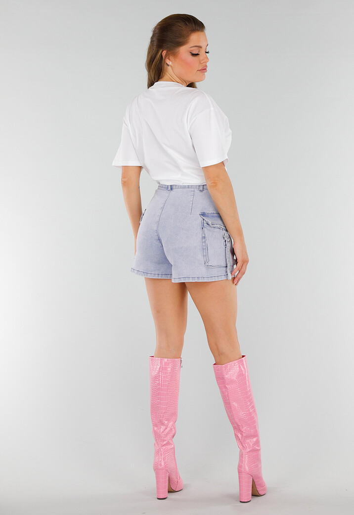 Wit Oversized Acid Wash T-Shirt met Stretch en Roze Print