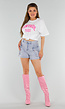 Wit Oversized Acid Wash T-Shirt met Stretch en Roze Print