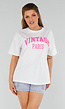 Wit Oversized Acid Wash T-Shirt met Stretch en Roze Print