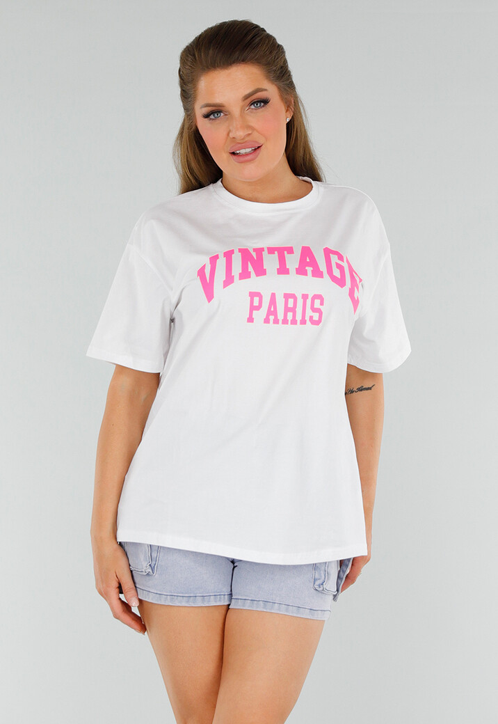 Wit Oversized Acid Wash T-Shirt met Stretch en Roze Print