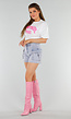 Wit Oversized Acid Wash T-Shirt met Stretch en Roze Print