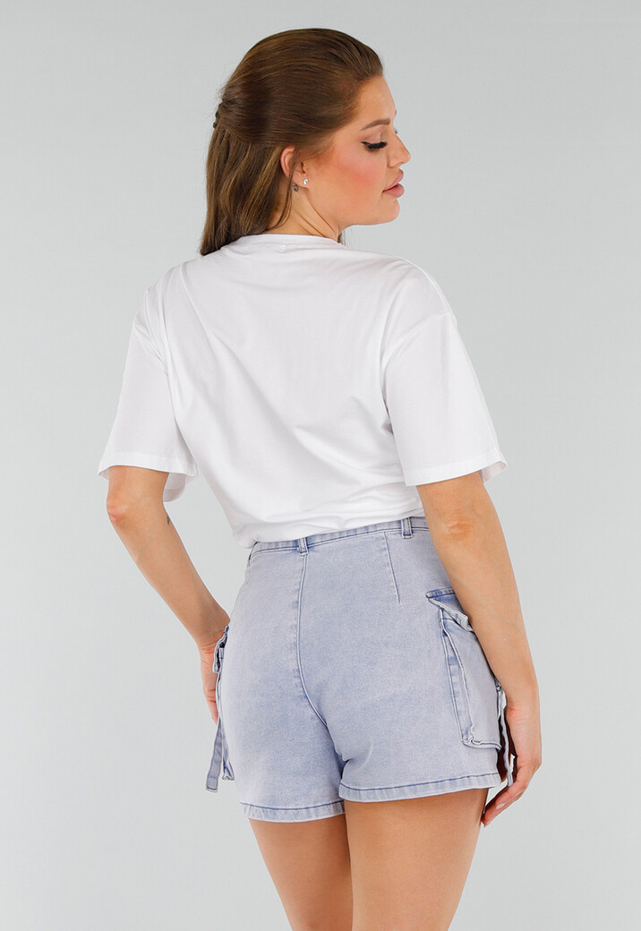 Wit Oversized Acid Wash T-Shirt met Stretch en Roze Print