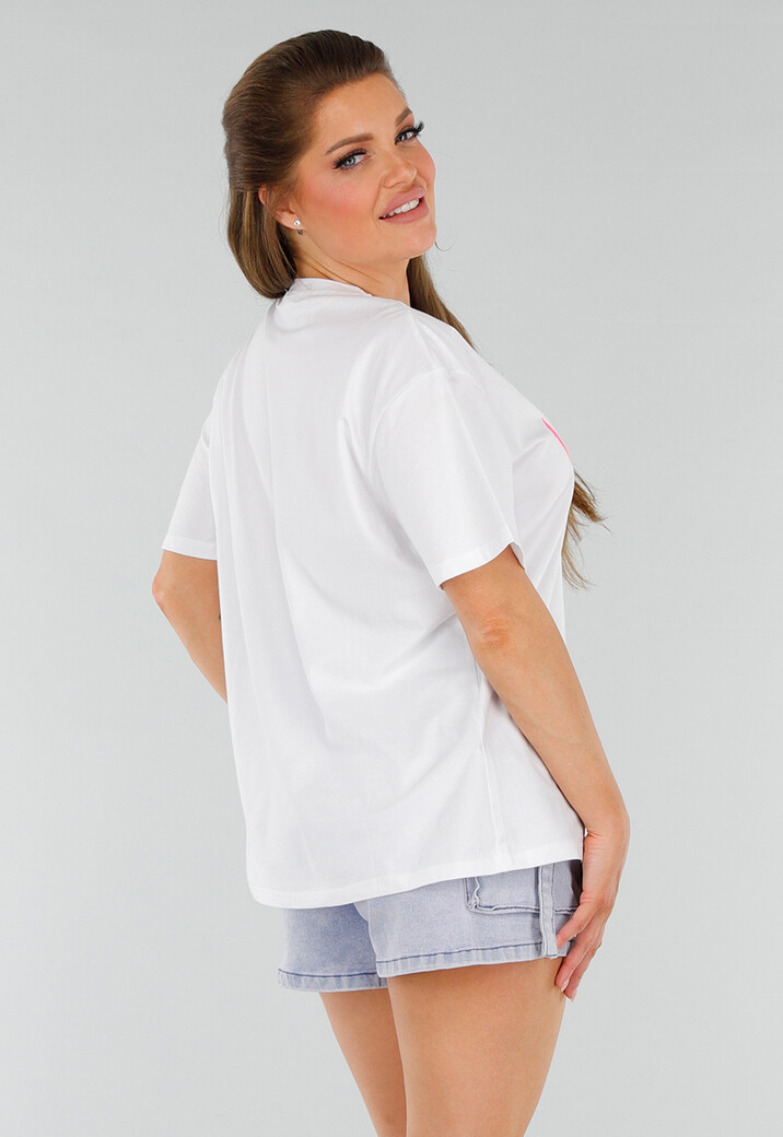 Wit Oversized Acid Wash T-Shirt met Stretch en Roze Print