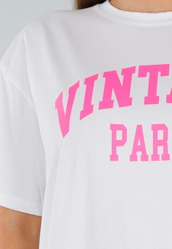 Wit Oversized Acid Wash T-Shirt met Stretch en Roze Print