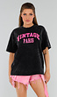 Zwart Oversized T-Shirt met Stretch en Vintage Paris Opdruk