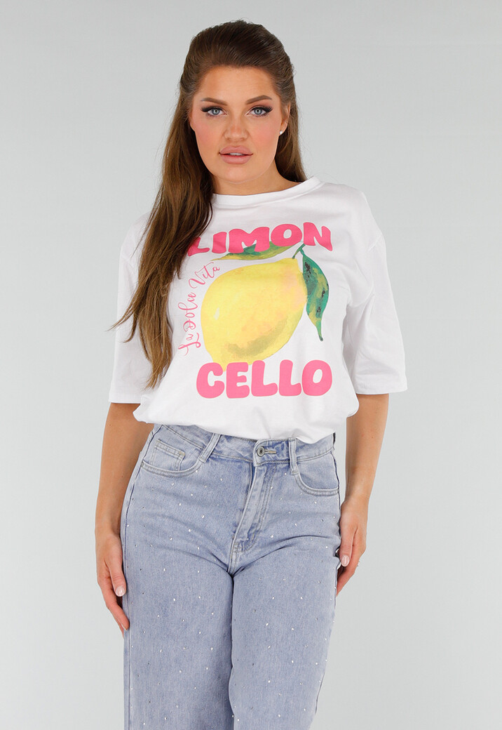Wit Oversized T-Shirt met Stretch, Limoncello Print en Citroen