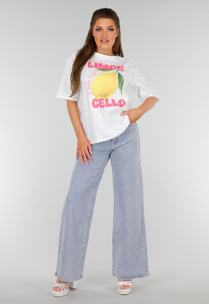 Wit Oversized T-Shirt met Stretch, Limoncello Print en Citroen