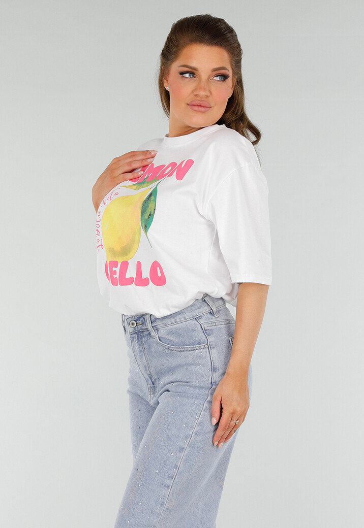 Wit Oversized T-Shirt met Stretch, Limoncello Print en Citroen