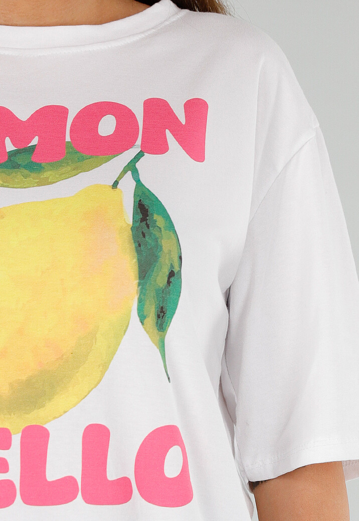 Wit Oversized T-Shirt met Stretch, Limoncello Print en Citroen