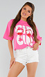 Roze Oversized T-Shirt van Katoen met Cin Cin Print en Stretch