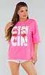 Roze Oversized T-Shirt van Katoen met Cin Cin Print en Stretch