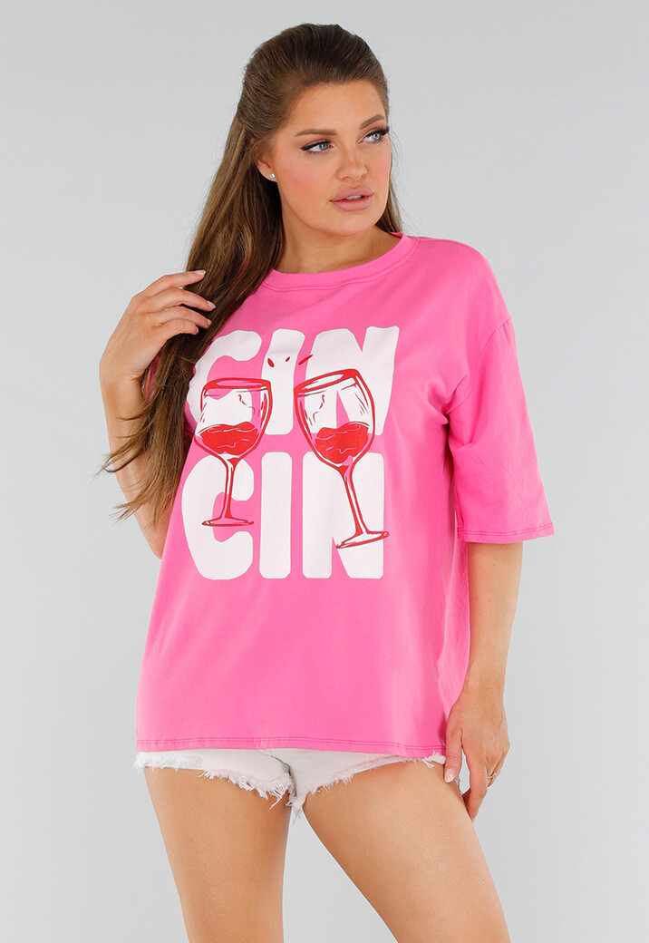 Roze Oversized T-Shirt van Katoen met Cin Cin Print en Stretch