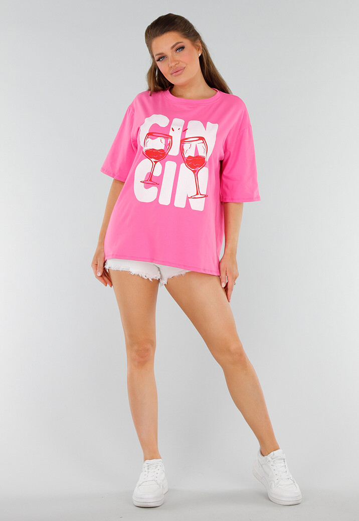 Roze Oversized T-Shirt van Katoen met Cin Cin Print en Stretch