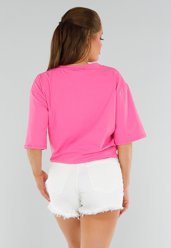 Roze Oversized T-Shirt van Katoen met Cin Cin Print en Stretch