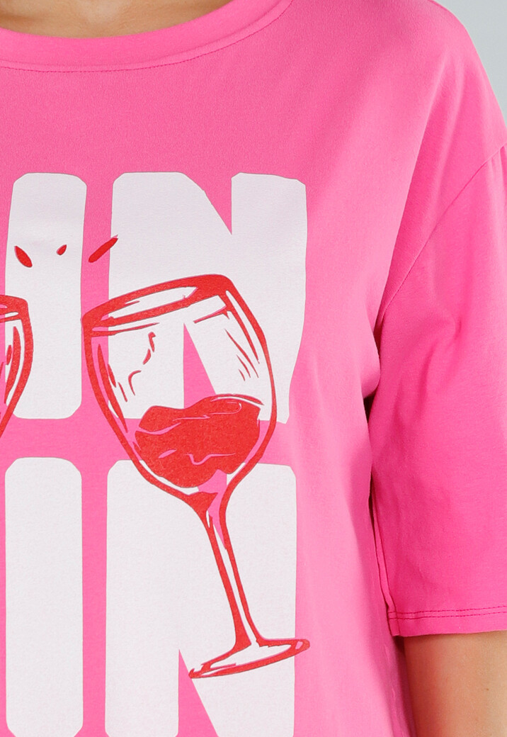 Roze Oversized T-Shirt van Katoen met Cin Cin Print en Stretch