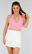 Roze Gehaakte Haltertop met Stretch en Cropped Model