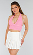 Roze Gehaakte Haltertop met Stretch en Cropped Model