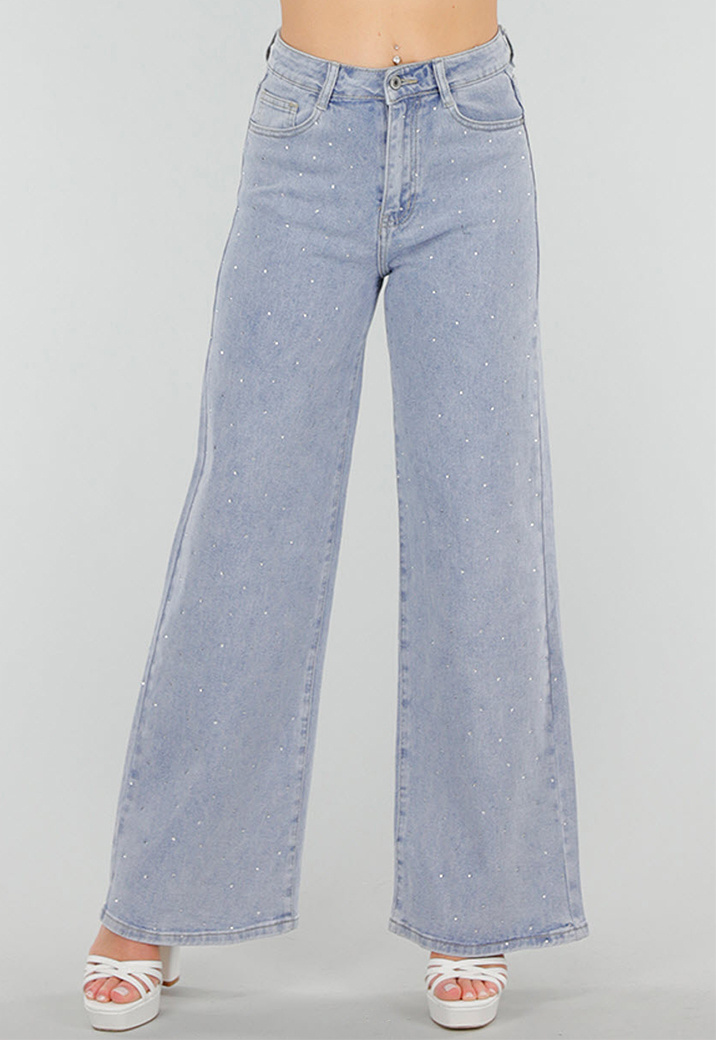 Miss Bon Strass Jeans Miss Bon Wide Leg Strass Blue Jeans – Wijde Pijp, Strass Versiering En Elastische Taille Voor Een Trendy Look Blauwe Jeans Versiering