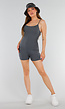 Grijze Playsuit met Ribstructuur, Stretch en Rechte Hals