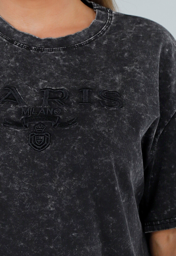 Zwart Katoenen  Oversized T-Shirt met Stretch en Ton-Sur-Ton