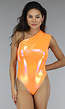 Oranje Holografische Metallic One Shoulder Bodysuit