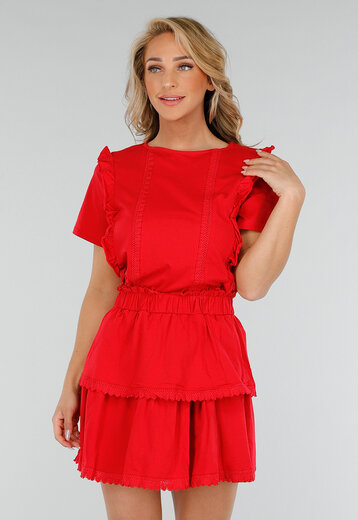 Rode Katoenen Co-ord met Ruches en Borduursel