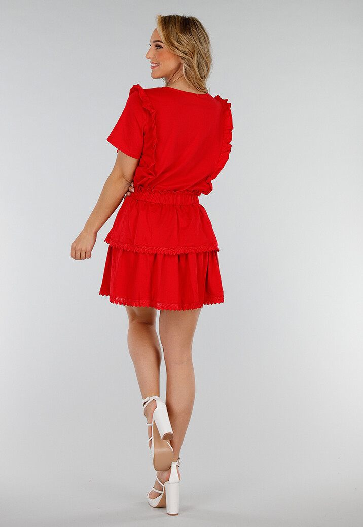 Rode Two Piece met Ruches, Korte Mouwen en Elastische Taille