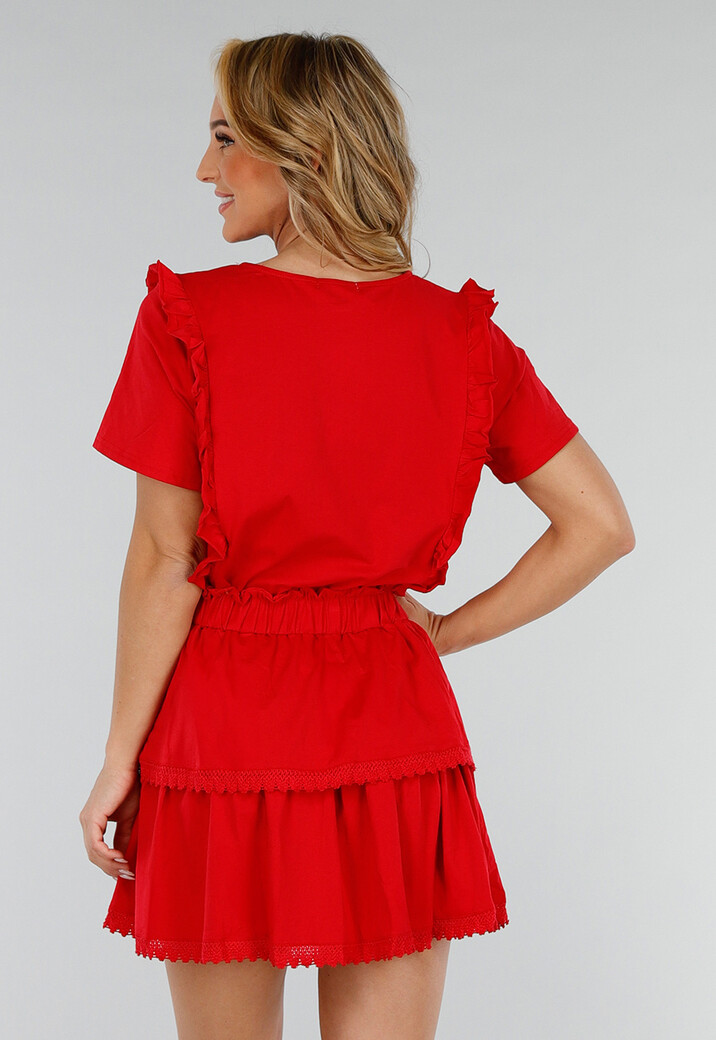 Rode Two Piece met Ruches, Korte Mouwen en Elastische Taille