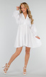 Witte Korte Jurk met Lange Mouwen en Ruches op de Halslijn