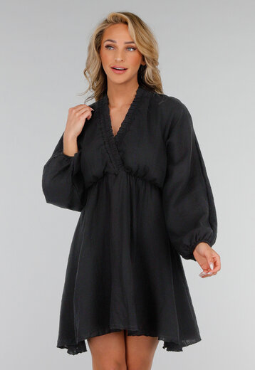 Zwarte Katoenen Jurk met V-Hals en Pofmouwen