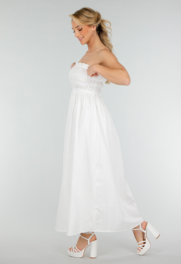 Witte Strapless Maxi Jurk met Gerimpeld Elastisch Bovenstuk