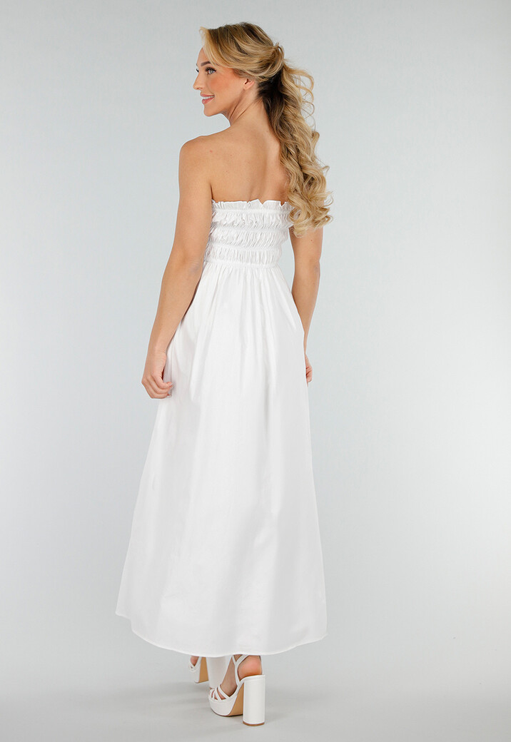 Witte Strapless Maxi Jurk met Gerimpeld Elastisch Bovenstuk