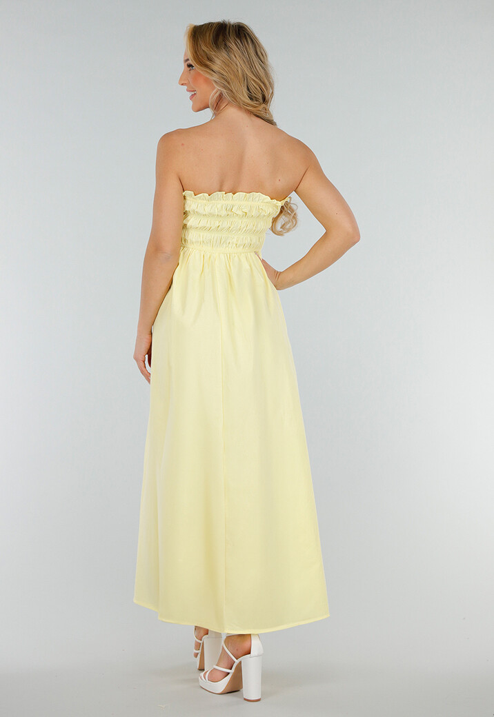 Butter Yellow Strapless Maxi Jurk met Gerimpeld Bovenstuk