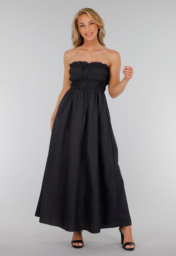 Zwarte Strapless Linnenlook Maxi Jurk