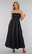 Zwarte Strapless Maxi Jurk met Gesmokte Top en A-Lijn Rok