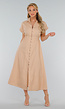 Beige Linnenlook Midi Jurk met Kraag en Knopen