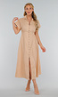 Beige Linnenlook Midi Jurk met Kraag en Knopen