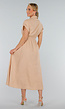 Beige Linnenlook Midi Jurk met Kraag en Knopen