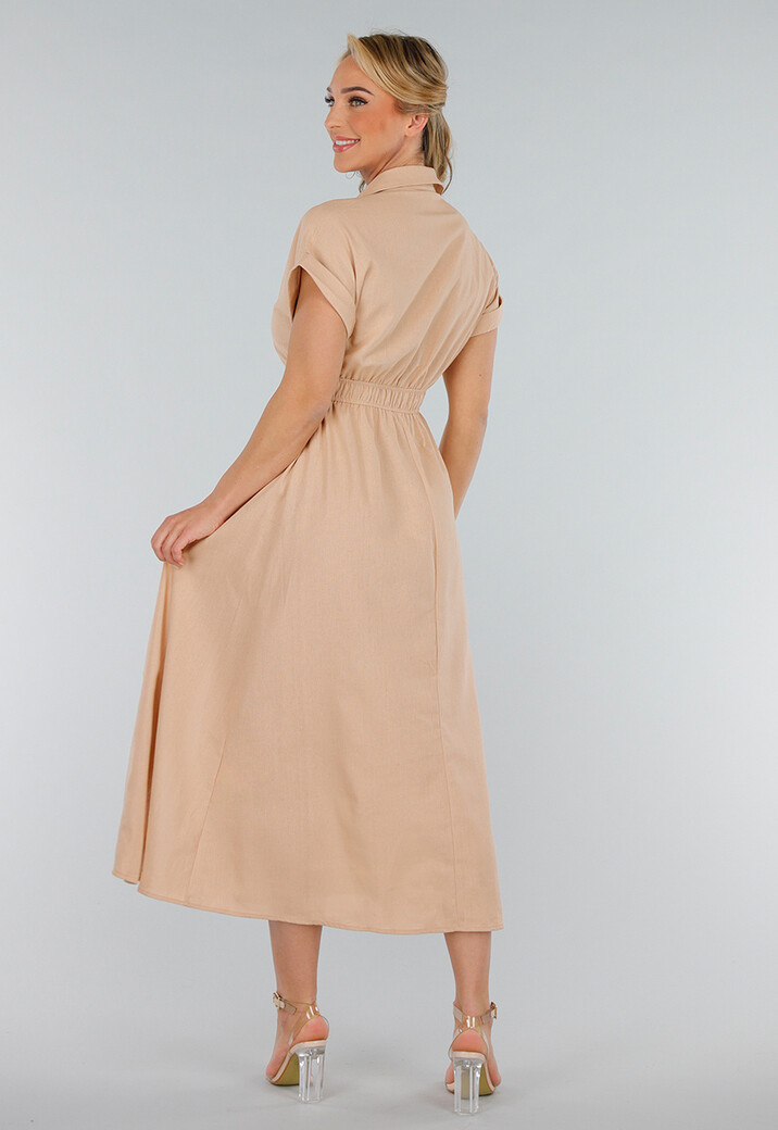 Beige Linnenlook Midi Jurk met Kraag en Knopen