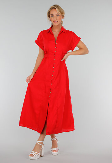 Rode Getailleerde Midi Overhemdjurk
