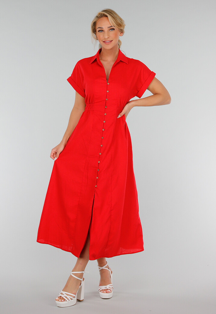 Rode Midi Overhemdjurk met Knoopsluiting en Elastische Taille