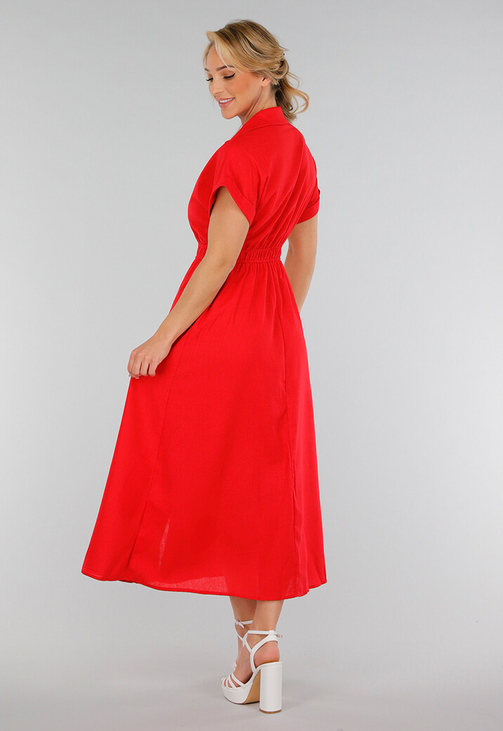 Rode Midi Overhemdjurk met Knoopsluiting en Elastische Taille