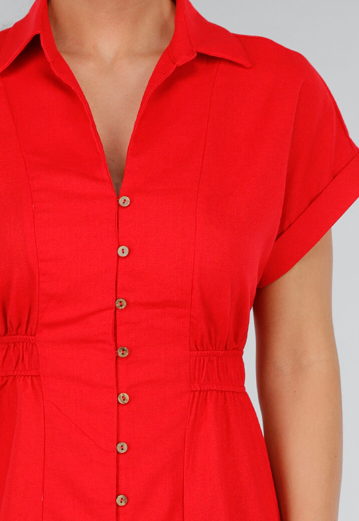 Rode Midi Overhemdjurk met Knoopsluiting en Elastische Taille