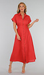 Koraalrode Midi Knoopjurk met Kraag en Linnenlook