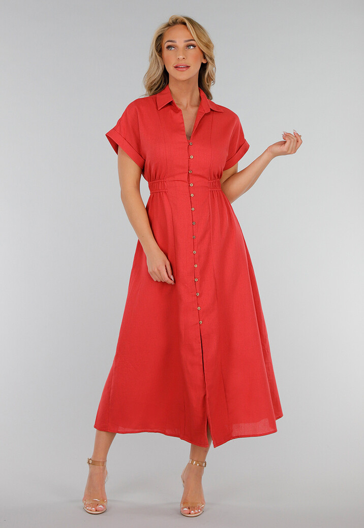 Koraalrode Midi Knoopjurk met Kraag en Linnenlook