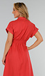 Koraalrode Midi Knoopjurk met Kraag en Linnenlook