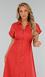 Koraalrode Midi Knoopjurk met Kraag en Linnenlook