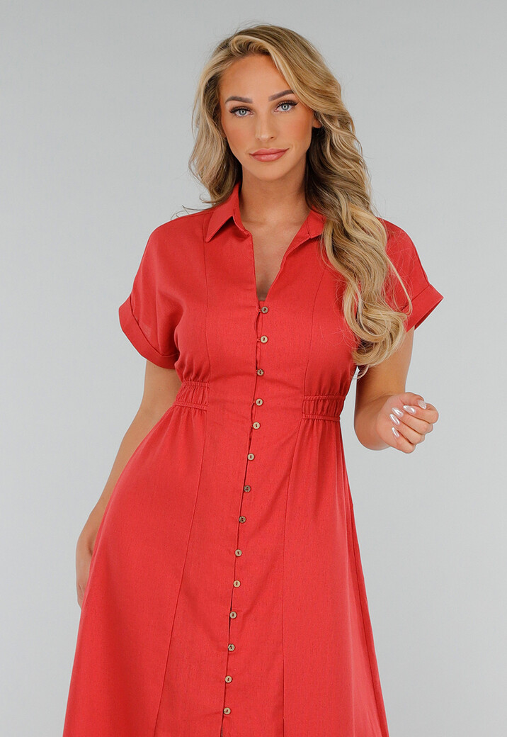 Koraalrode Midi Knoopjurk met Kraag en Linnenlook